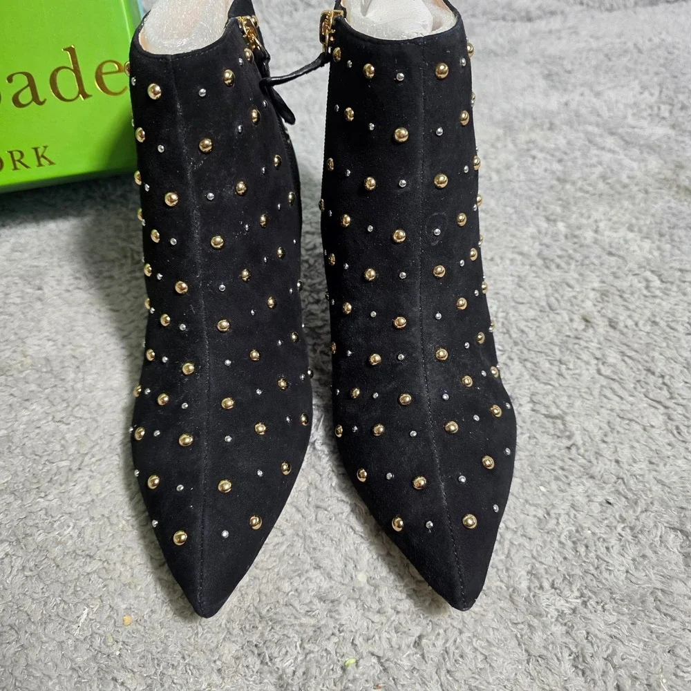 Kate Spade Starr Black Suede Studded Pointed Toe Kitten Heel‎ Ankle Boots 6M NEW
